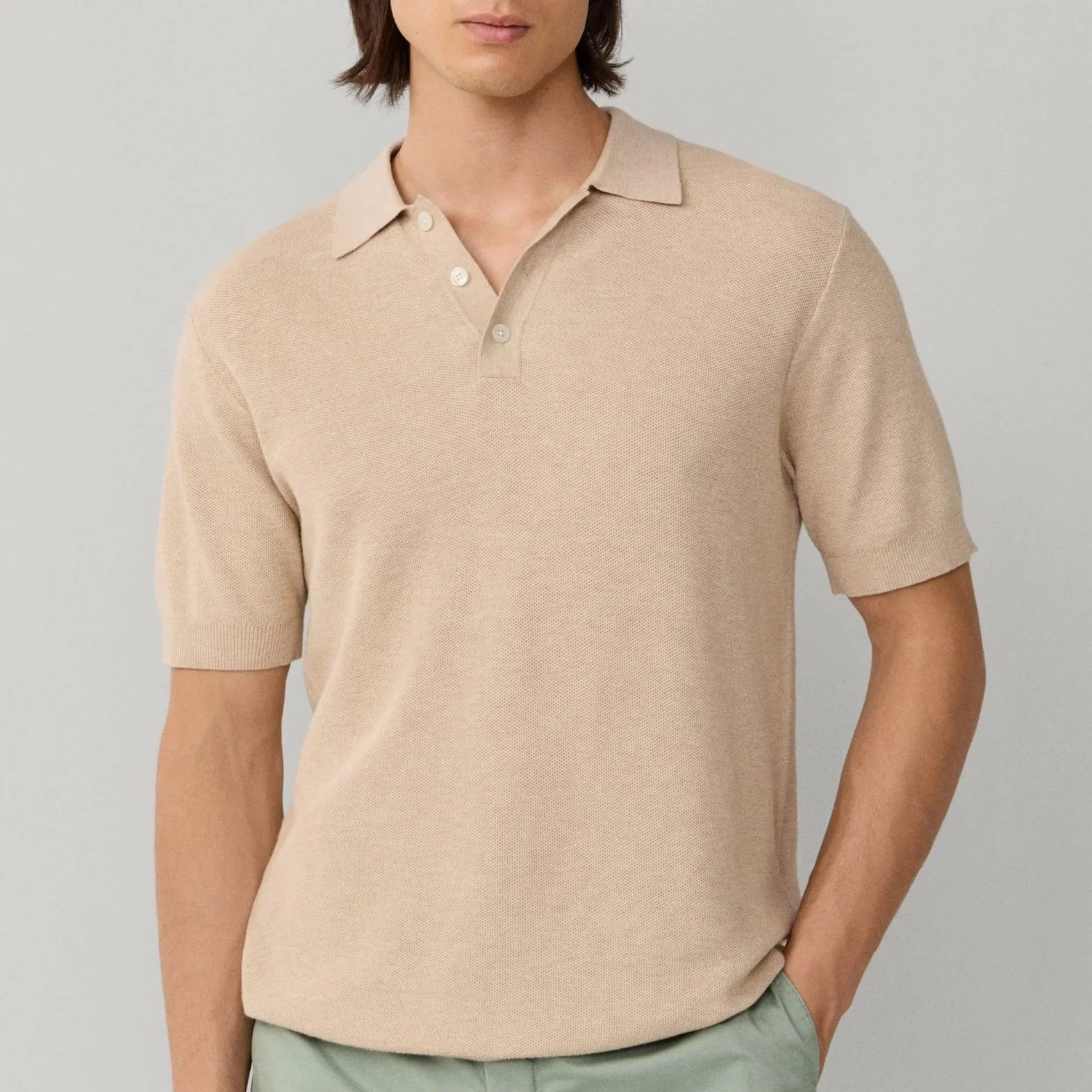 Model View of Hackett Cashmere Mix Texture Polo in Sand