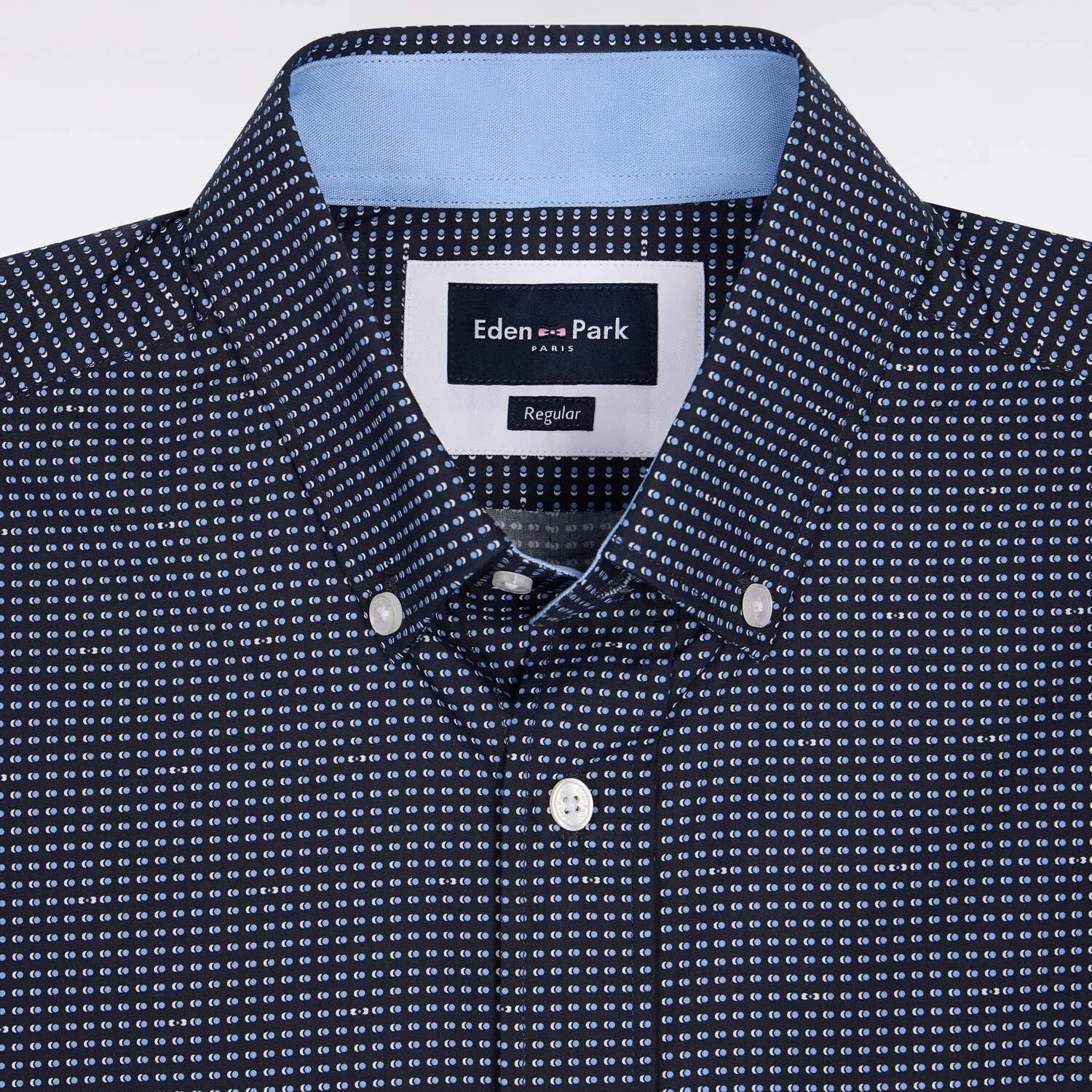 Close View of Eden Park Micro Pattern Short Sleeve Shirt in Navy and Pink