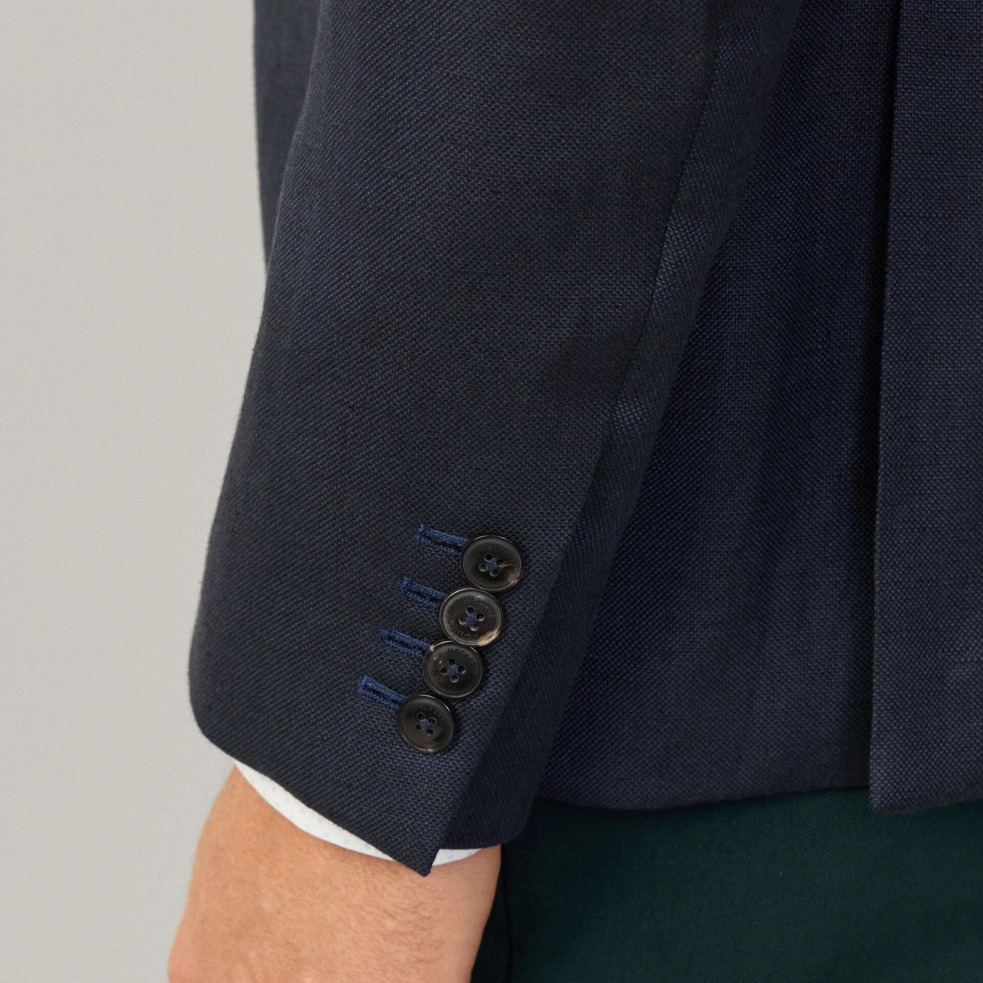Detail View of Model in Hackett Hopsack Blazer in Navy