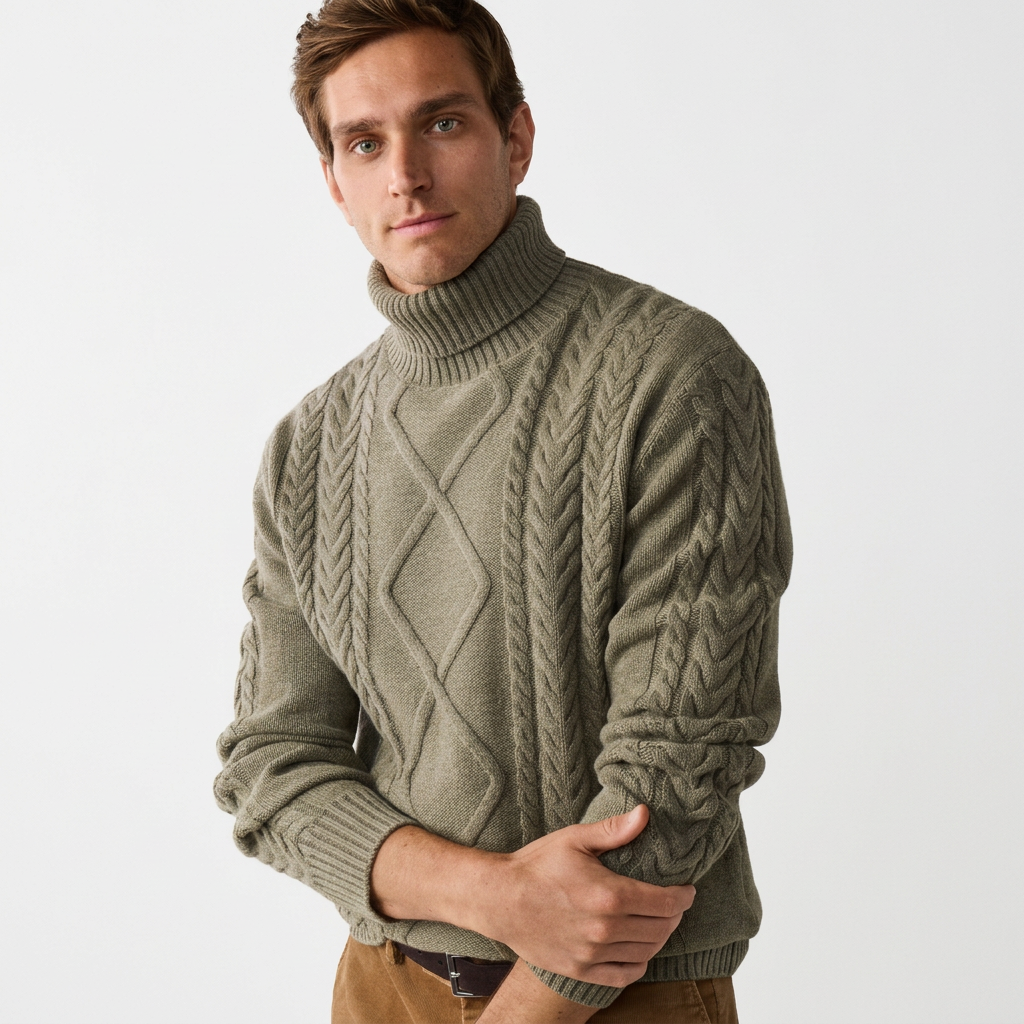 Front View of Model in Hackett Luxury Wool and Cashmere Argyle Roll Neck Jumper in Olive Green