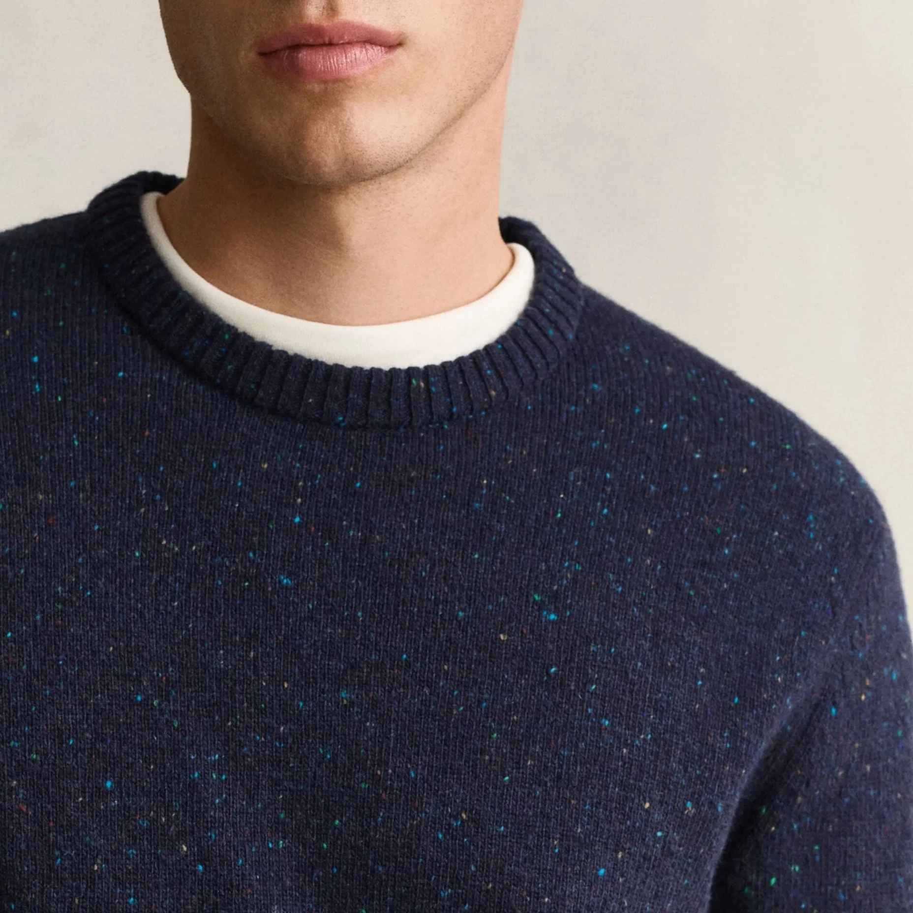 Close View of Model in GANT Wool Blend Neps Crew Neck in Evening Blue