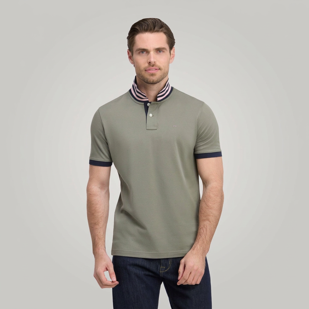 Front View of Model in Eden Park Pima Cotton Polo in Khaki Green