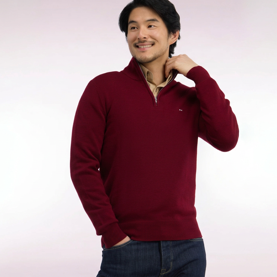 Front View of Model in Eden Park Half Zip Jumper in Dark Red