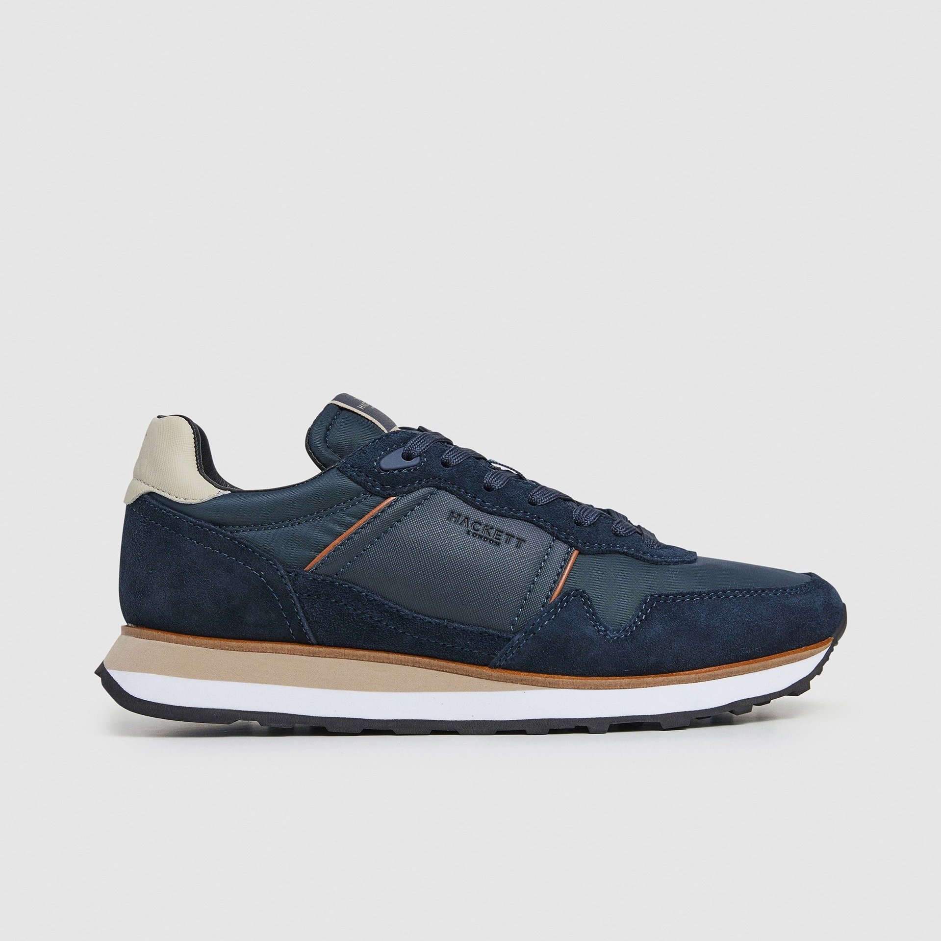 Side View of Hackett Runner Style Trainer in Navy and Sand