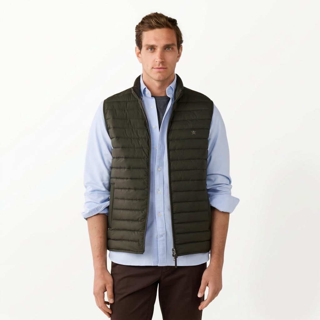 Front View of Model in Hackett Lightweight Gilet in Hunter Green