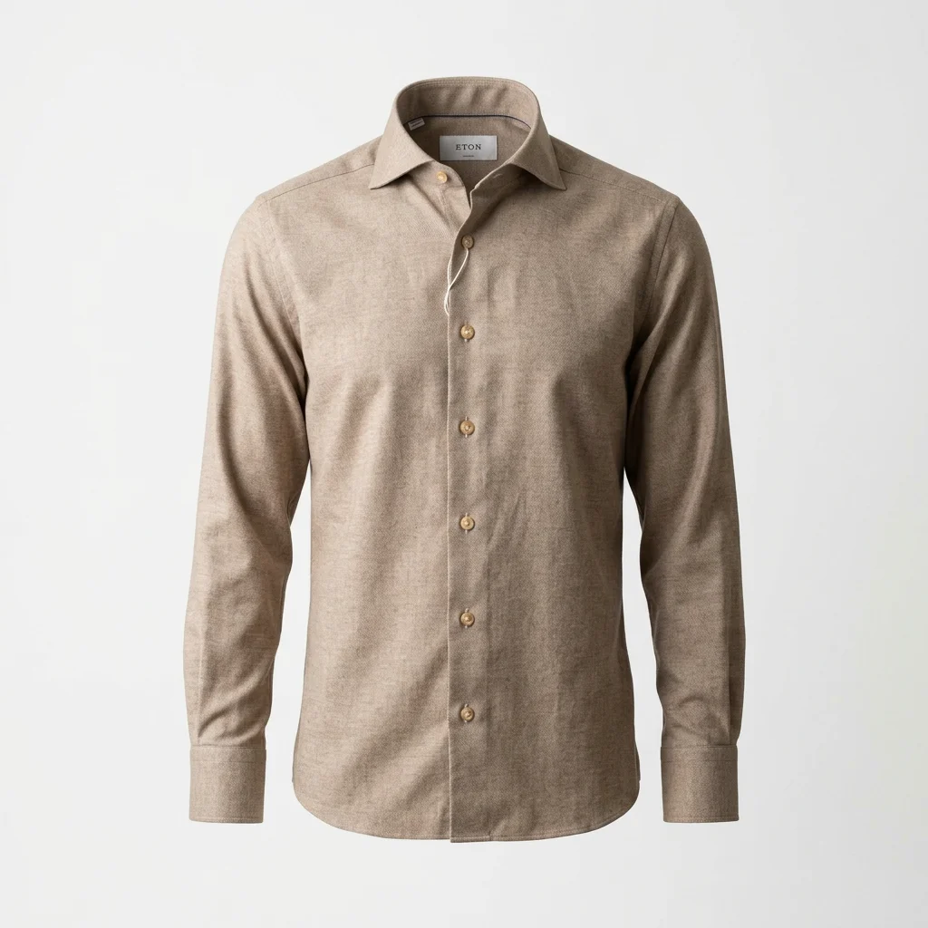Flat View of Eton Luxury Casual Fit Solid Flannel Shirt in Beige