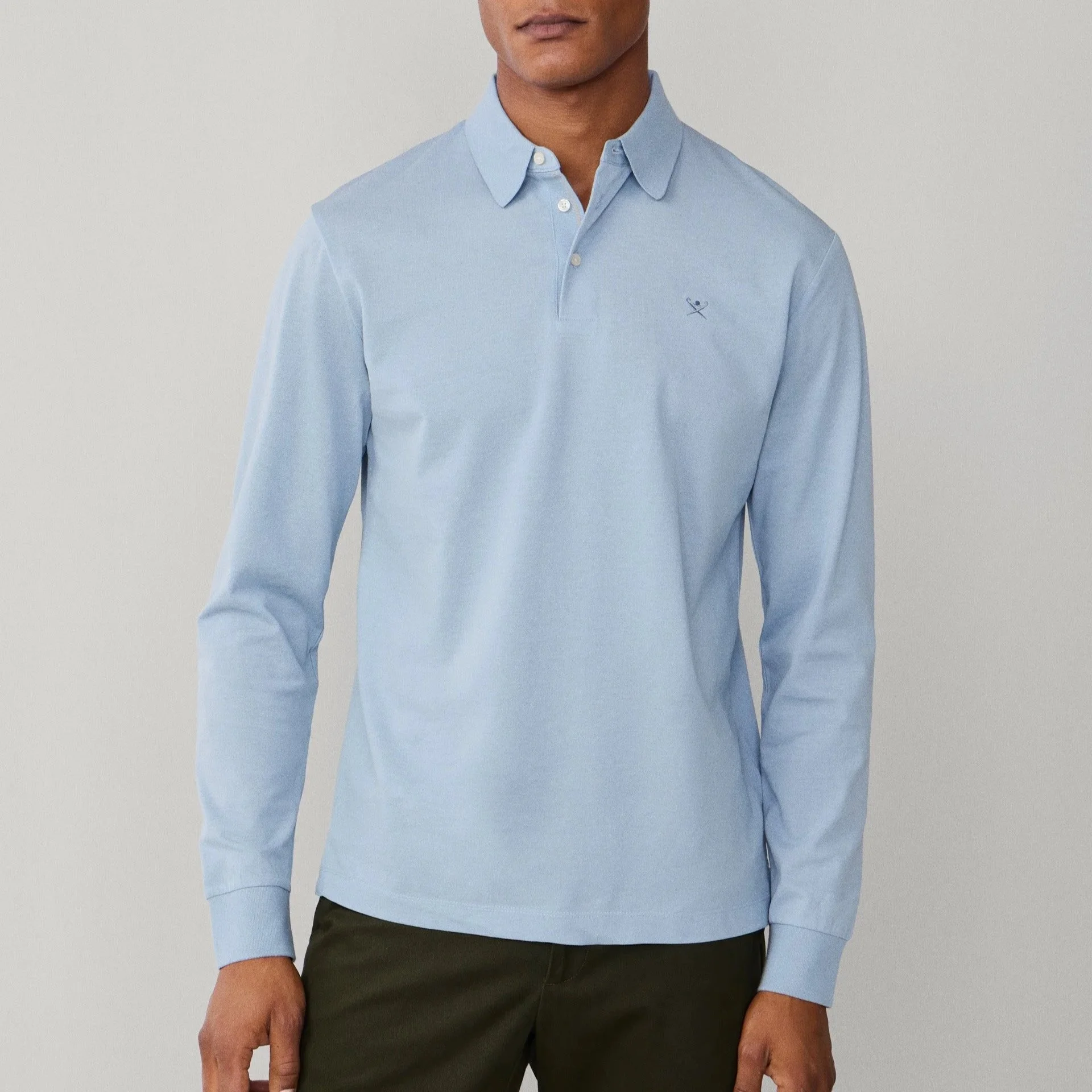 Model View of Hackett Long Sleeve Cotton Polo in Light Blue