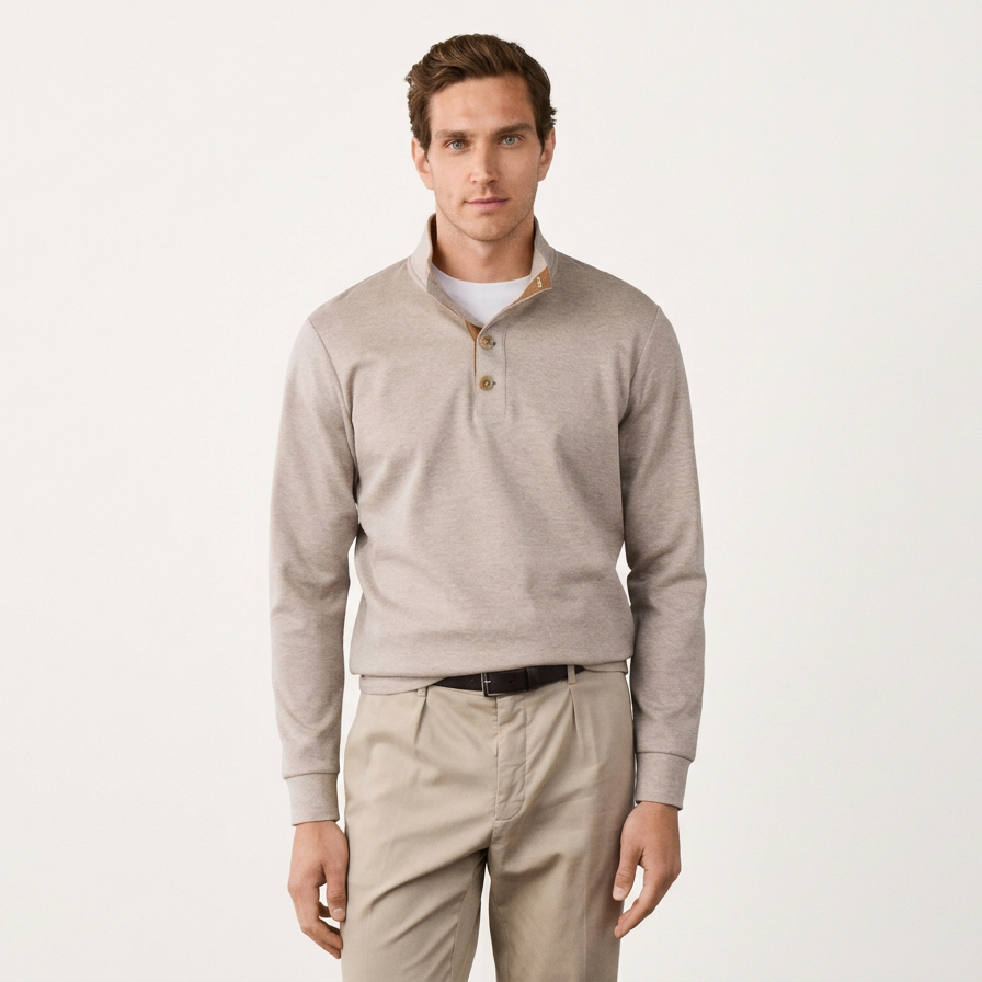 Front View of Model in Hackett Twill Jacquard Half Button Sweatshirt in Natural Beige