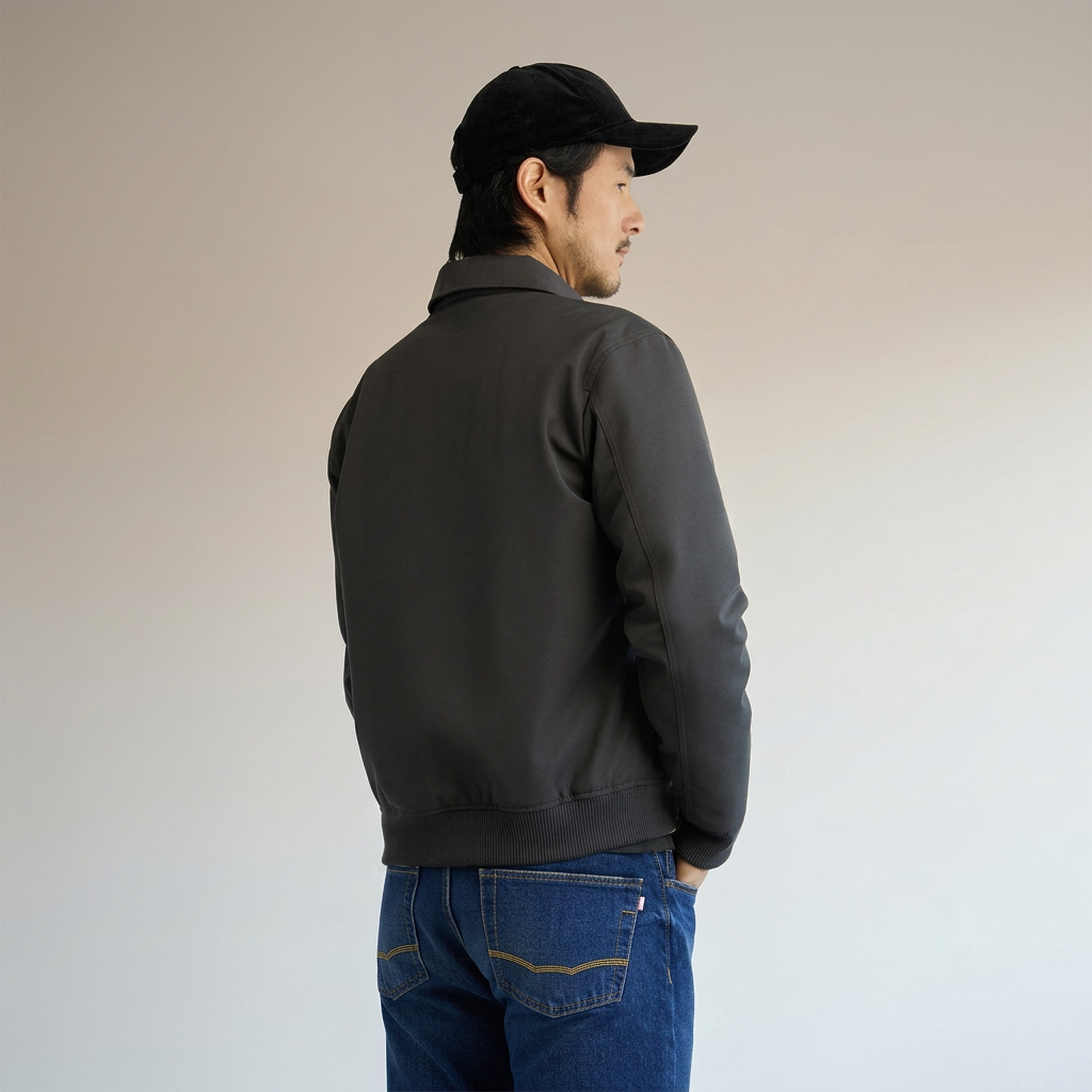 Back View of Model in Eden Park Blouson Jacket in Olive Green