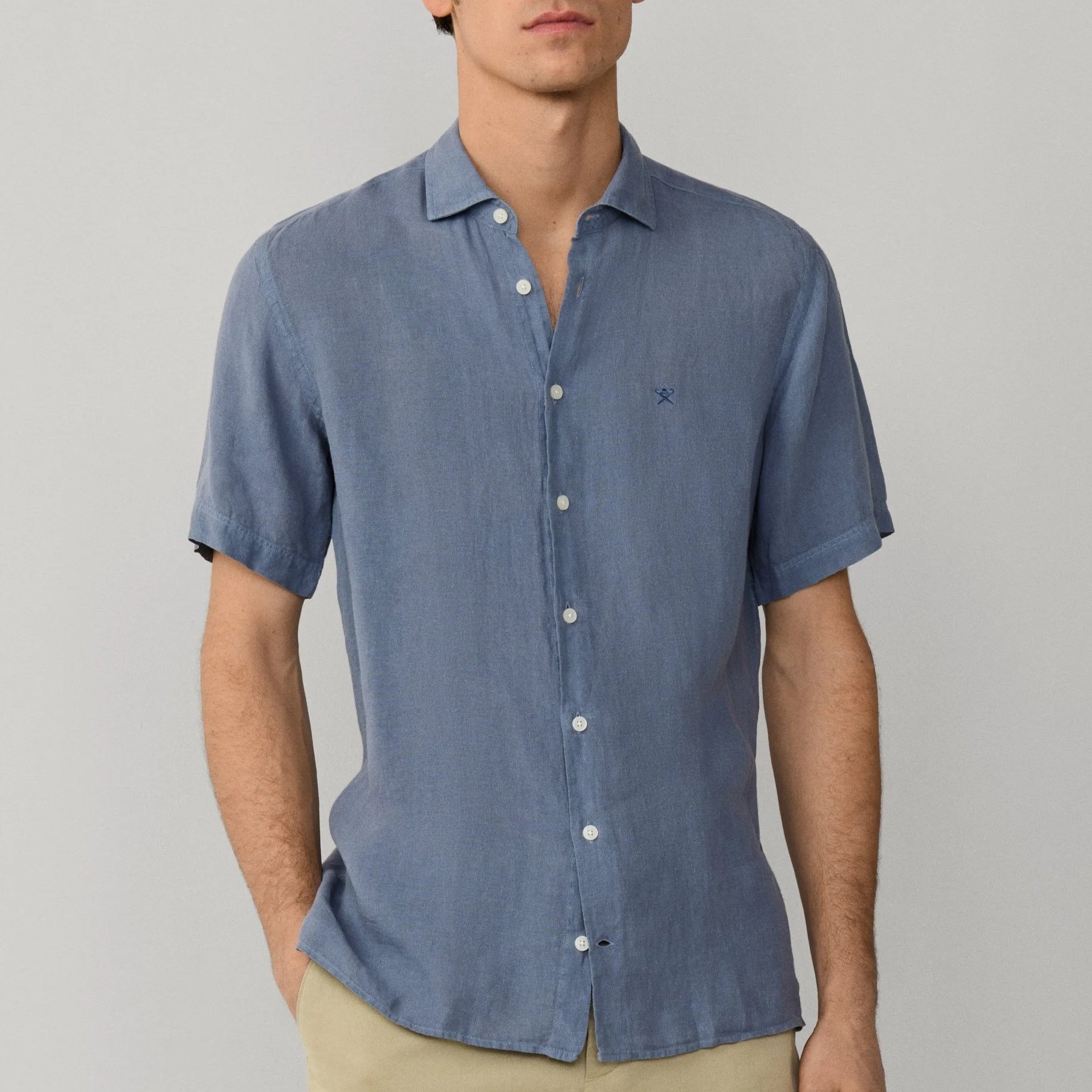 Model View of Hackett Slim Fit Linen Short Sleeve Shirt in Light Blue