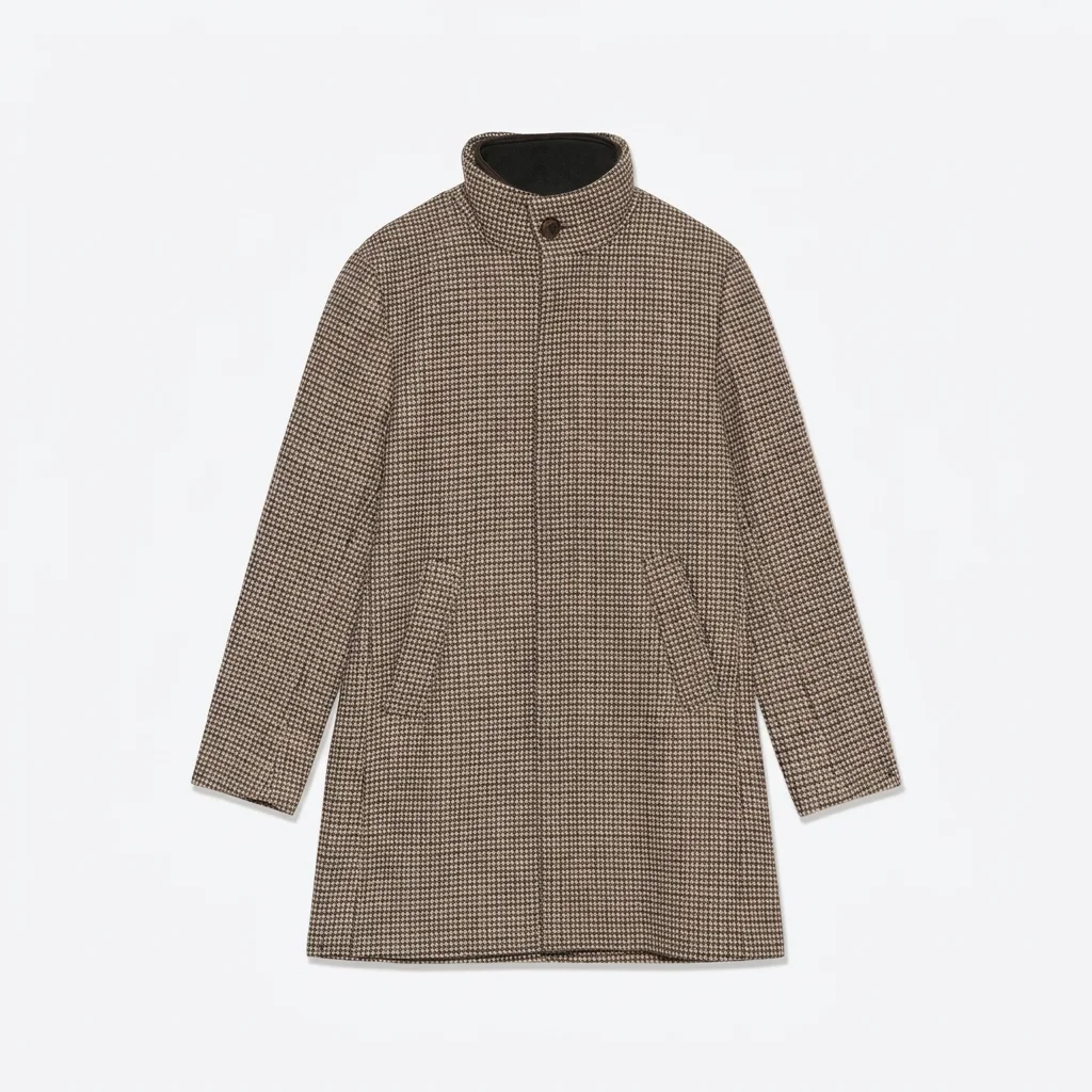 Flat View of Matinique Check Slim Fit Funnel Neck Coat in Simply Taupe and Brown