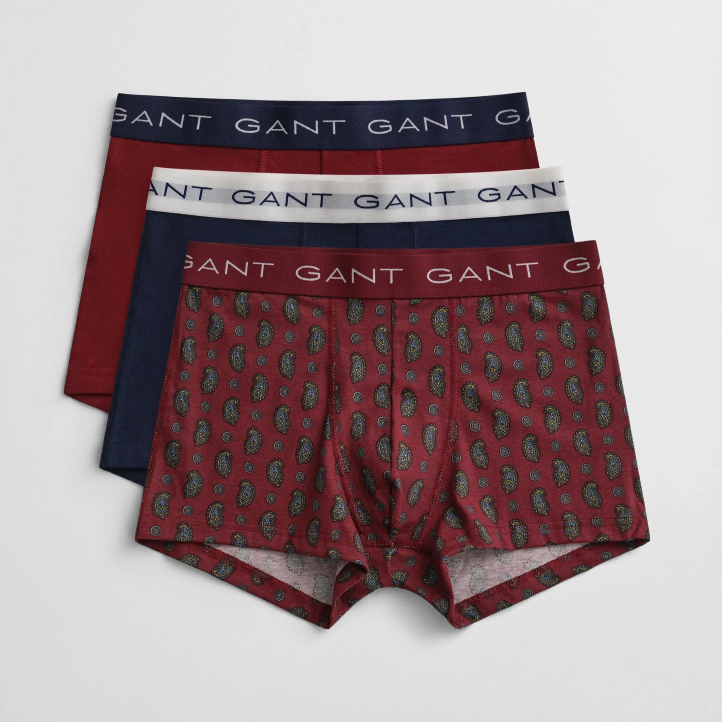 Unboxed View of GANT Paisley Trunks Set in Burgundy