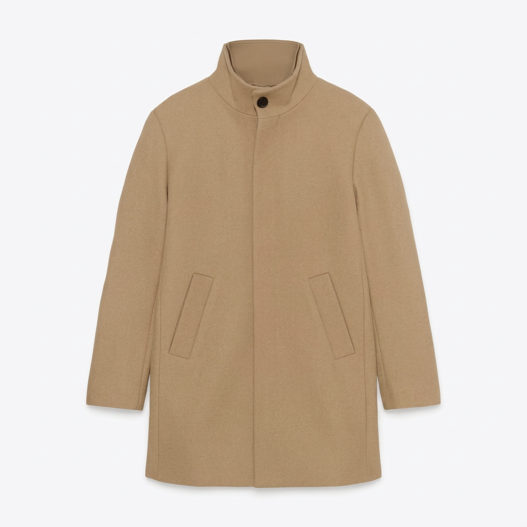 Flat View of Matinique Slim Fit Funnel Neck Coat in Kelp Camel