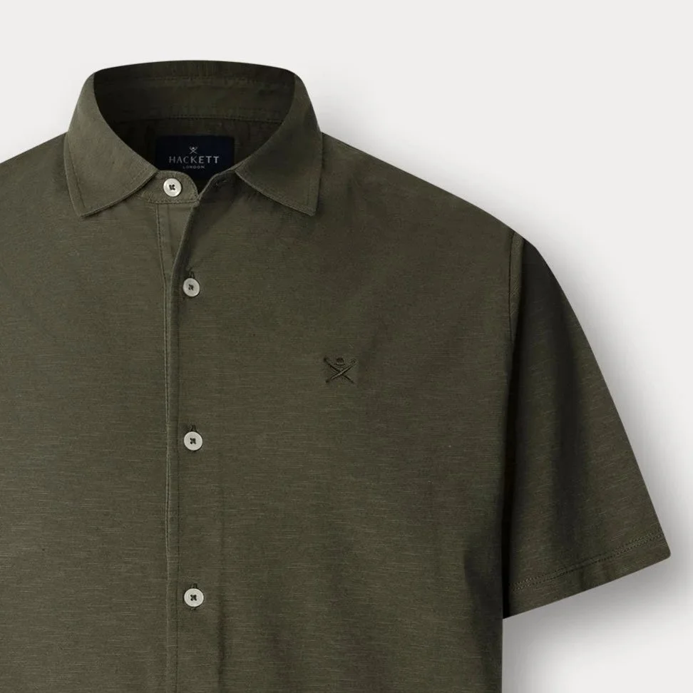 Close View of Hackett Slim Fit Cotton and Linen Short Sleeve Shirt in Green