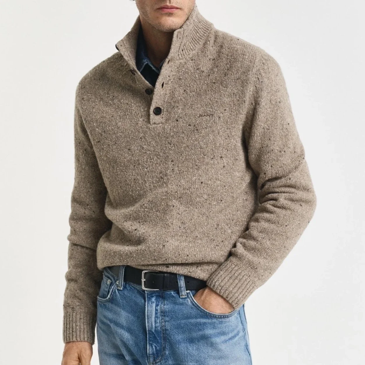 Model View of GANT Nepps Half Button Jumper in Sand and Multi