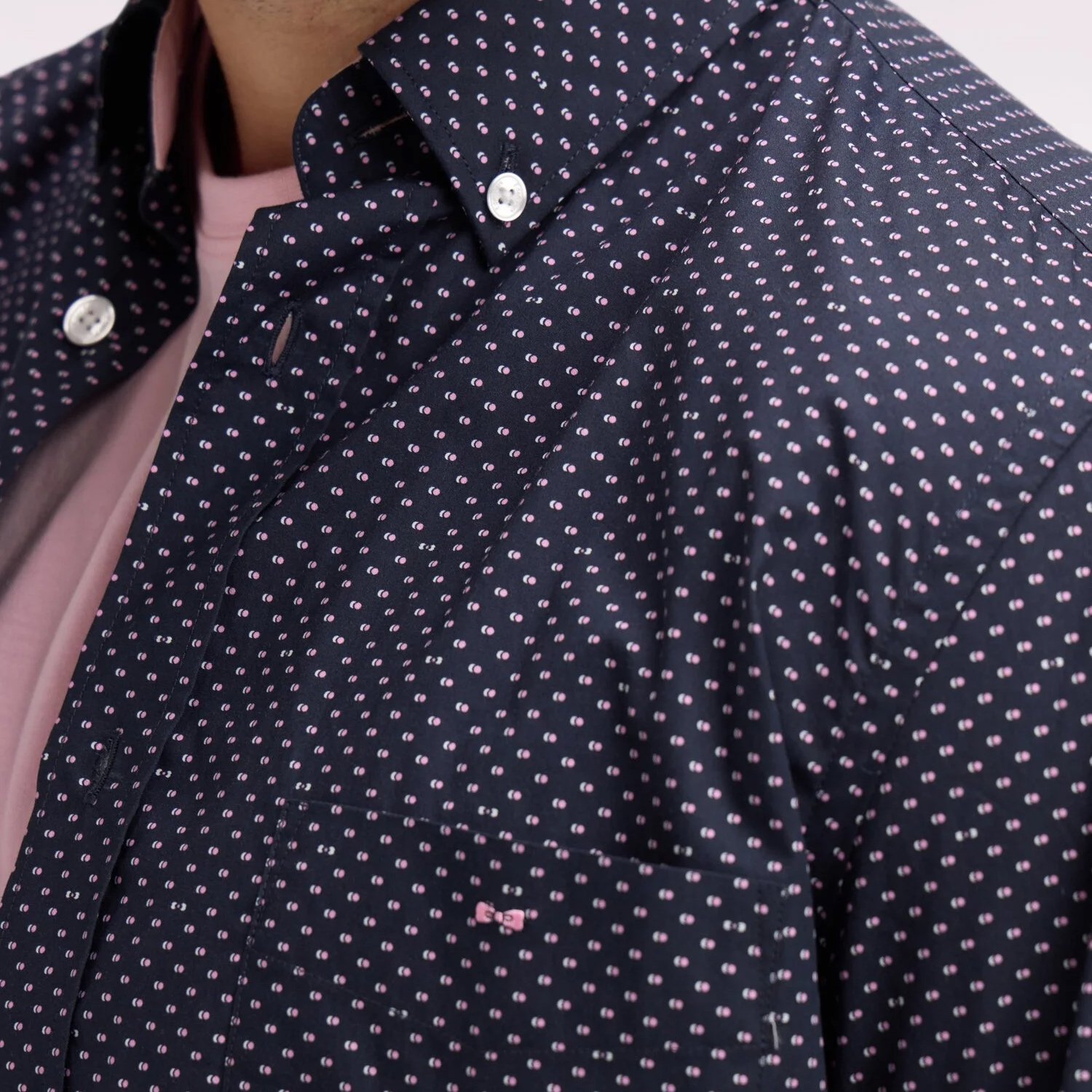 Close View of Eden Park Micro Pattern Shirt in Navy and Pink