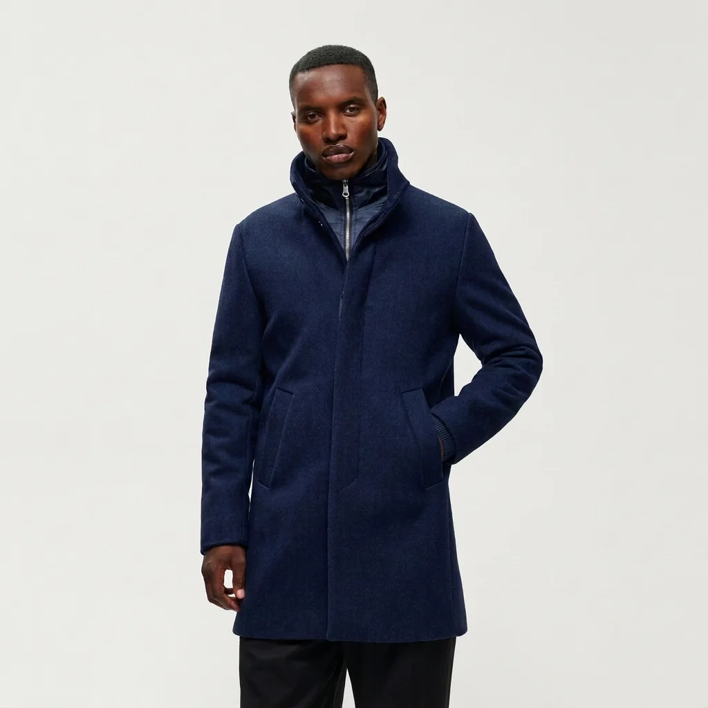 Front View of Model in Matinique Slim Fit Funnel Neck Coat in Blue Nights Denim
