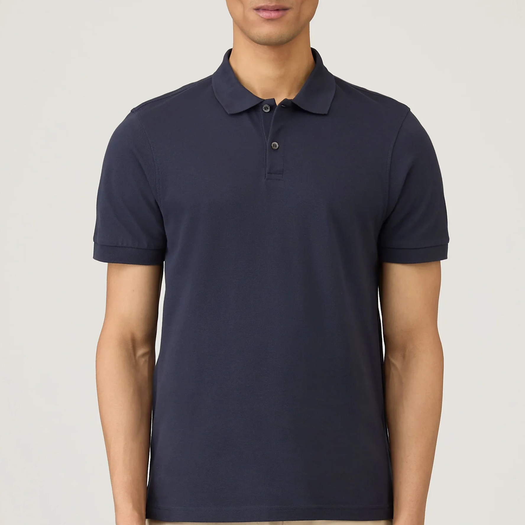Model View of Sunspel Luxury Fine Mesh Polo in Navy