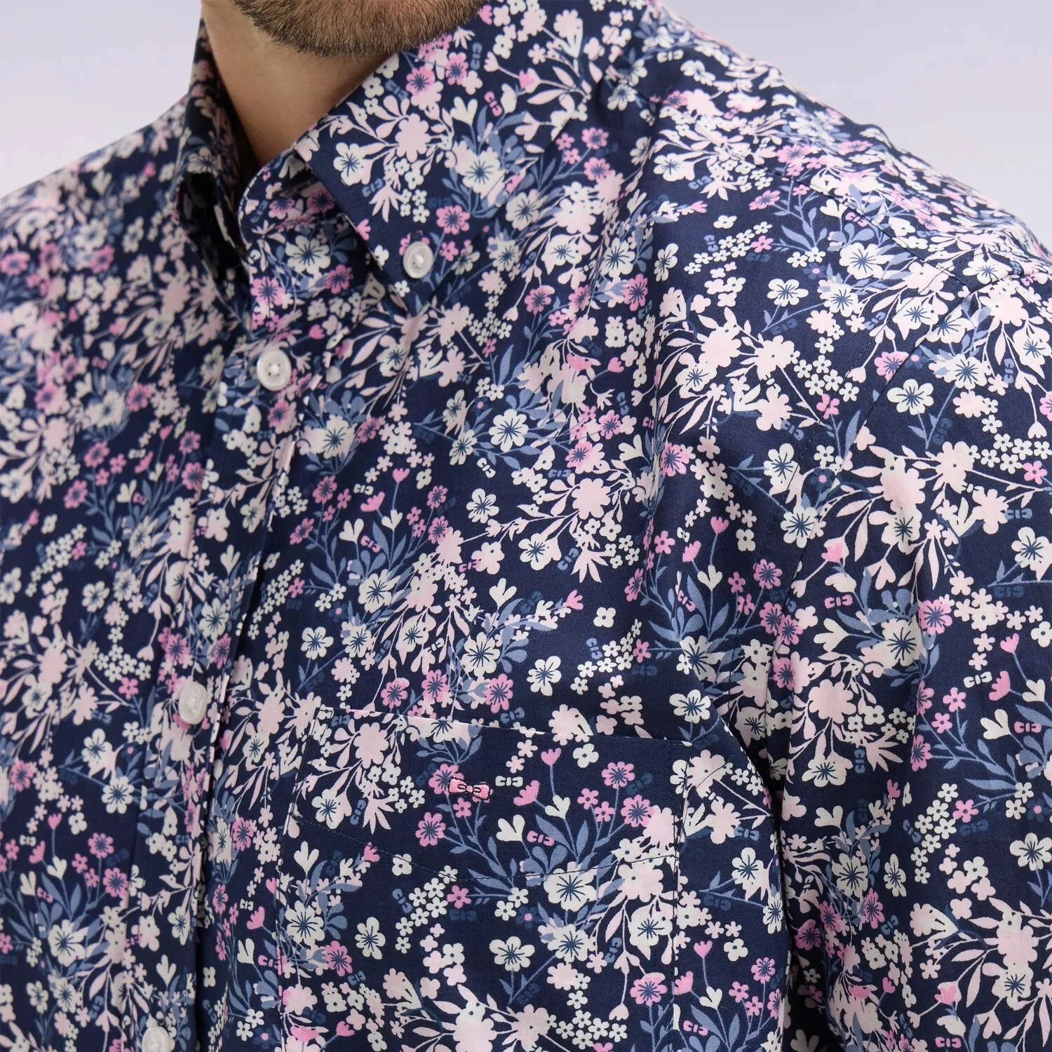 Close View of Eden Park Floral Short Sleeve Shirt in Navy and Pink