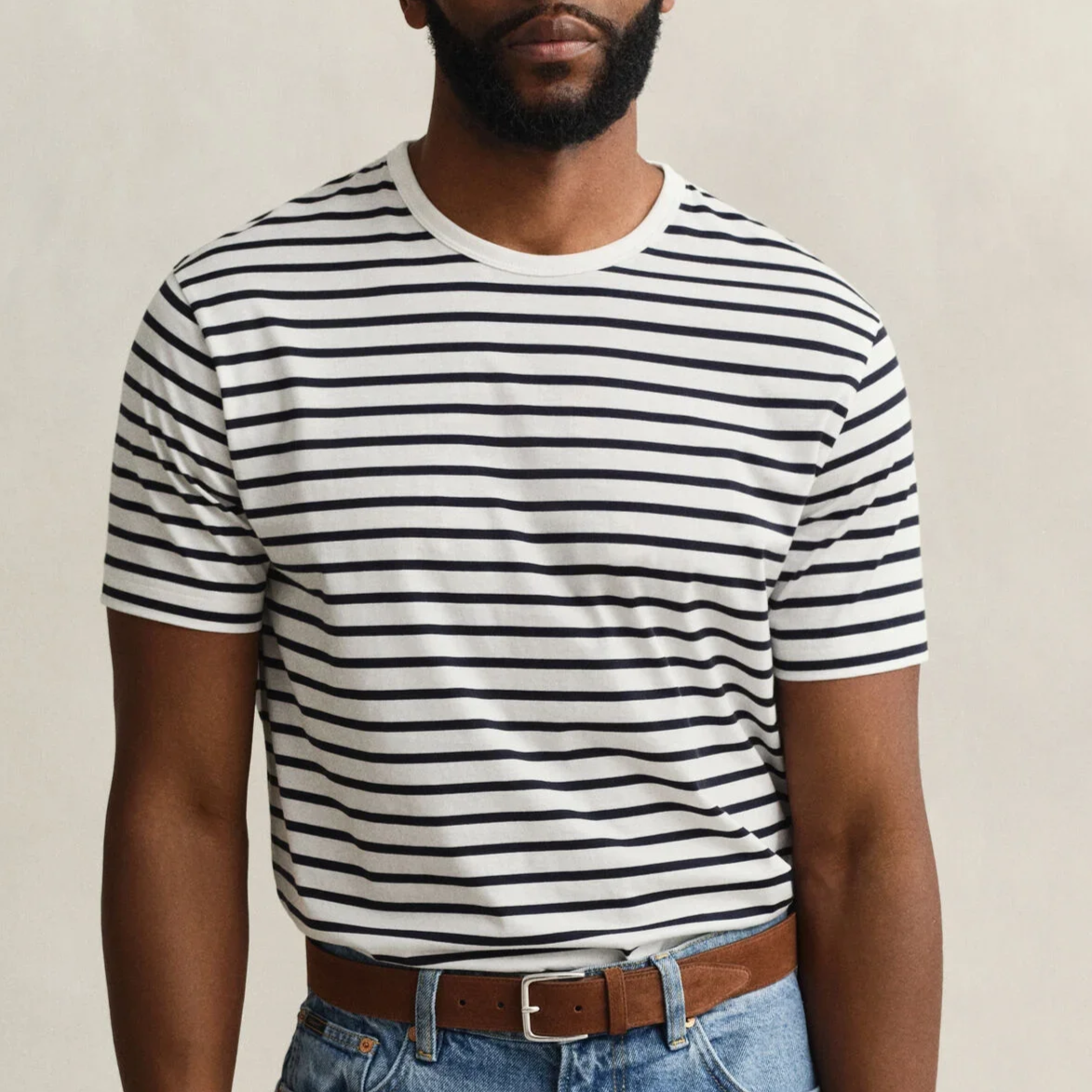 Model View of GANT Pima Cotton Stripe T Shirt in White and Navy