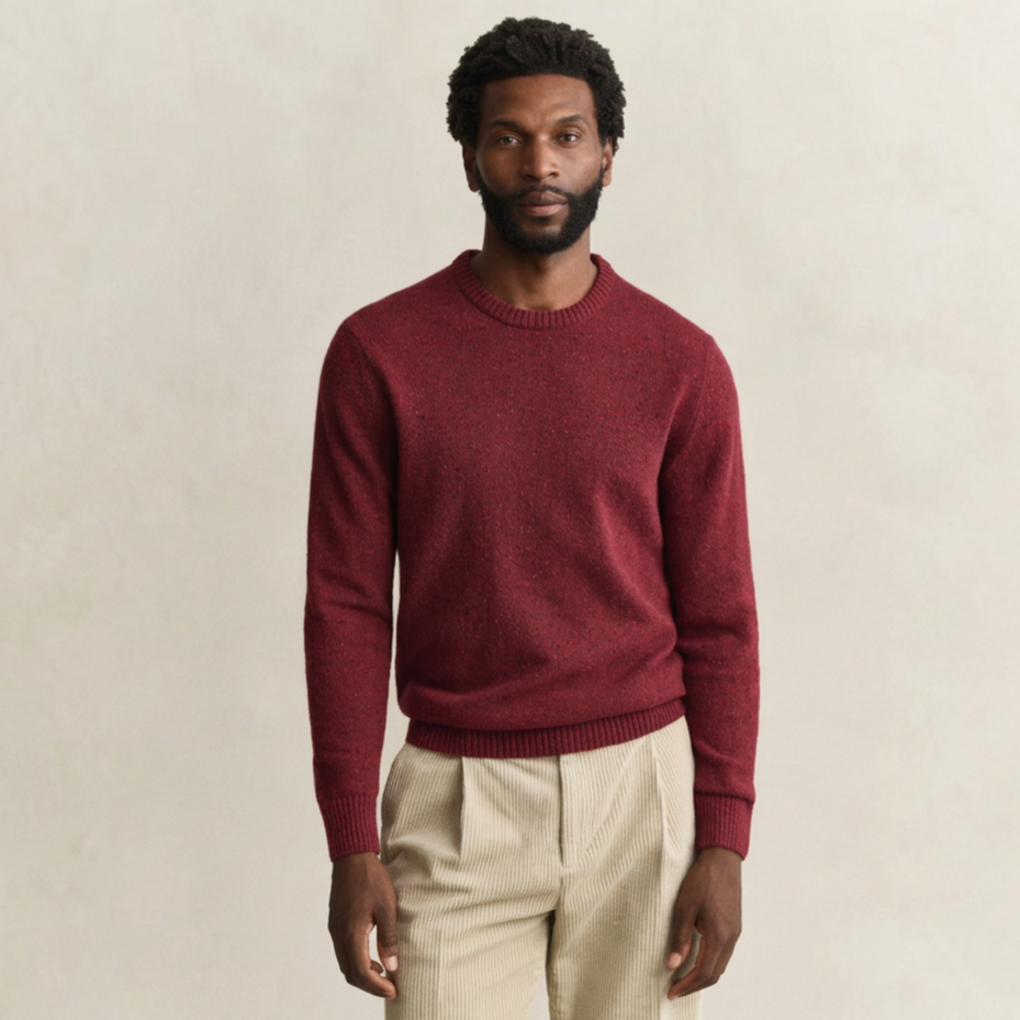 Front View of Model in GANT Wool Blend Neps Crew Neck in Plumped Red