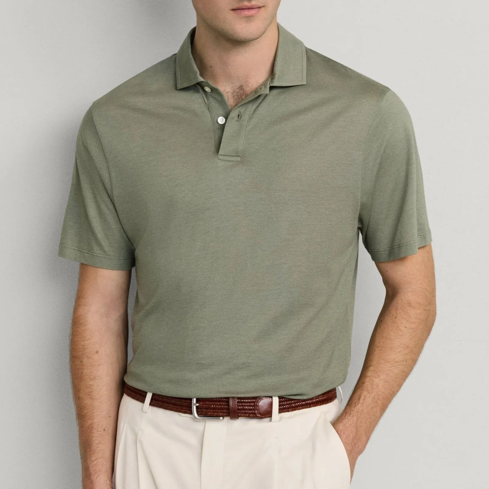 Model View of Hackett Slim Fit Lyocell and Cotton Polo in Green