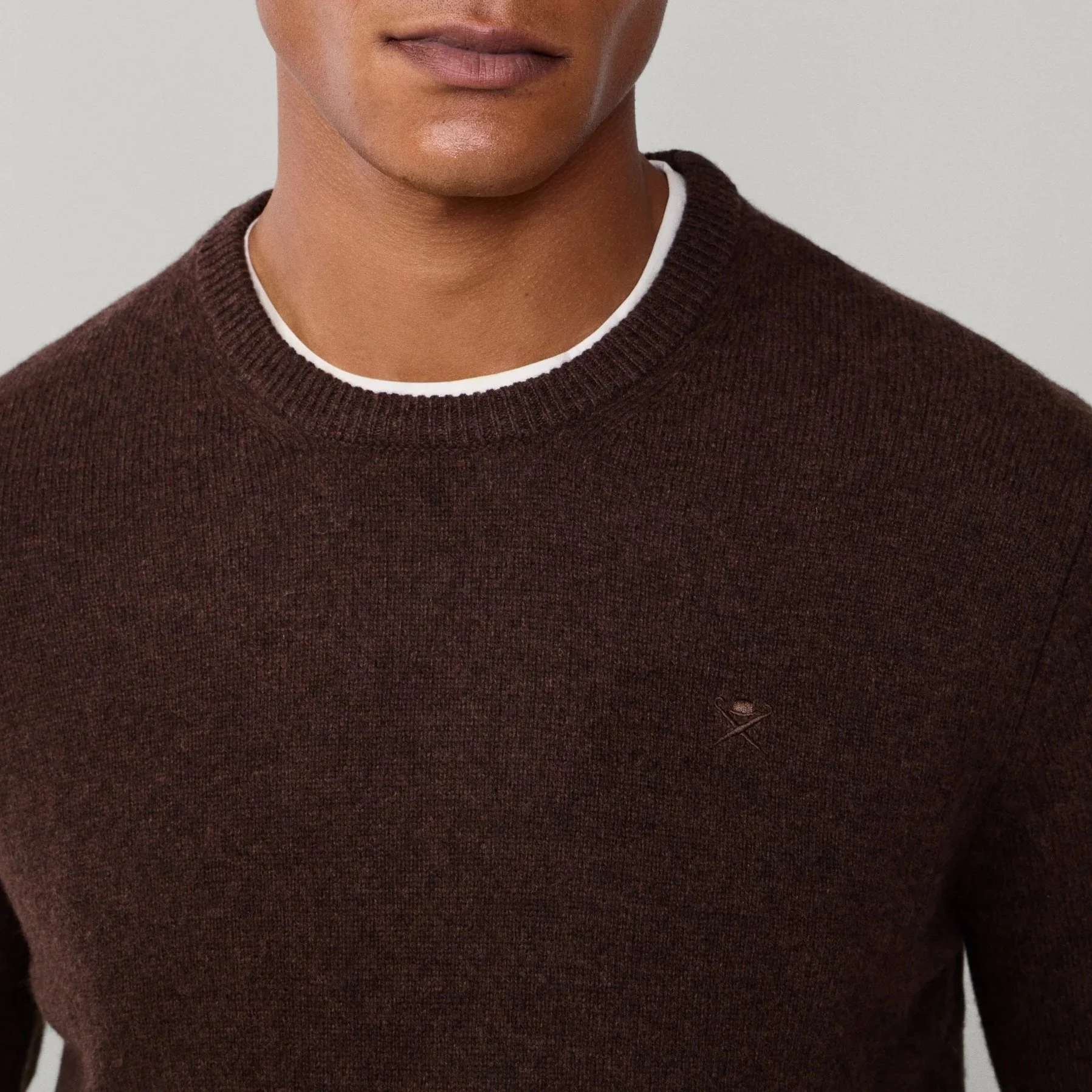 Close Model View of Hackett Lambswool Jumper in Dark Brown