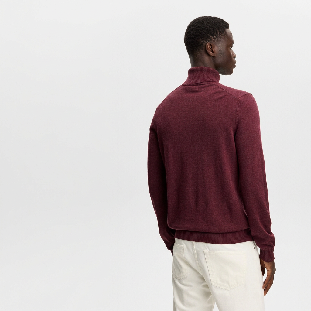 Back View of Model in J Lindeberg Kaden Merino Wool Roll Neck Jumper in Burgundy