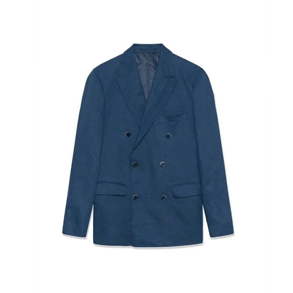 Flat View of Matinique Slim Fit Linen Double Breasted Blazer in Navy