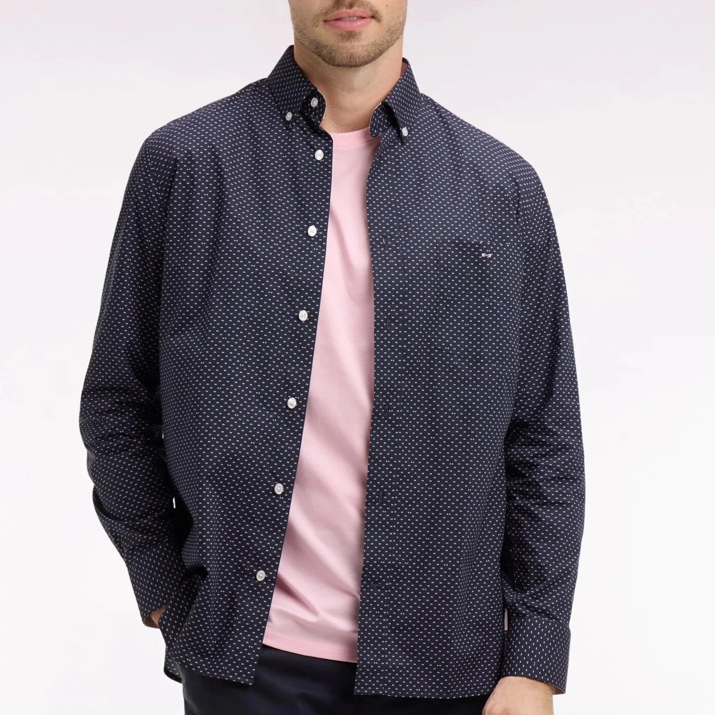 Model View of Eden Park Micro Pattern Shirt in Navy and Pink