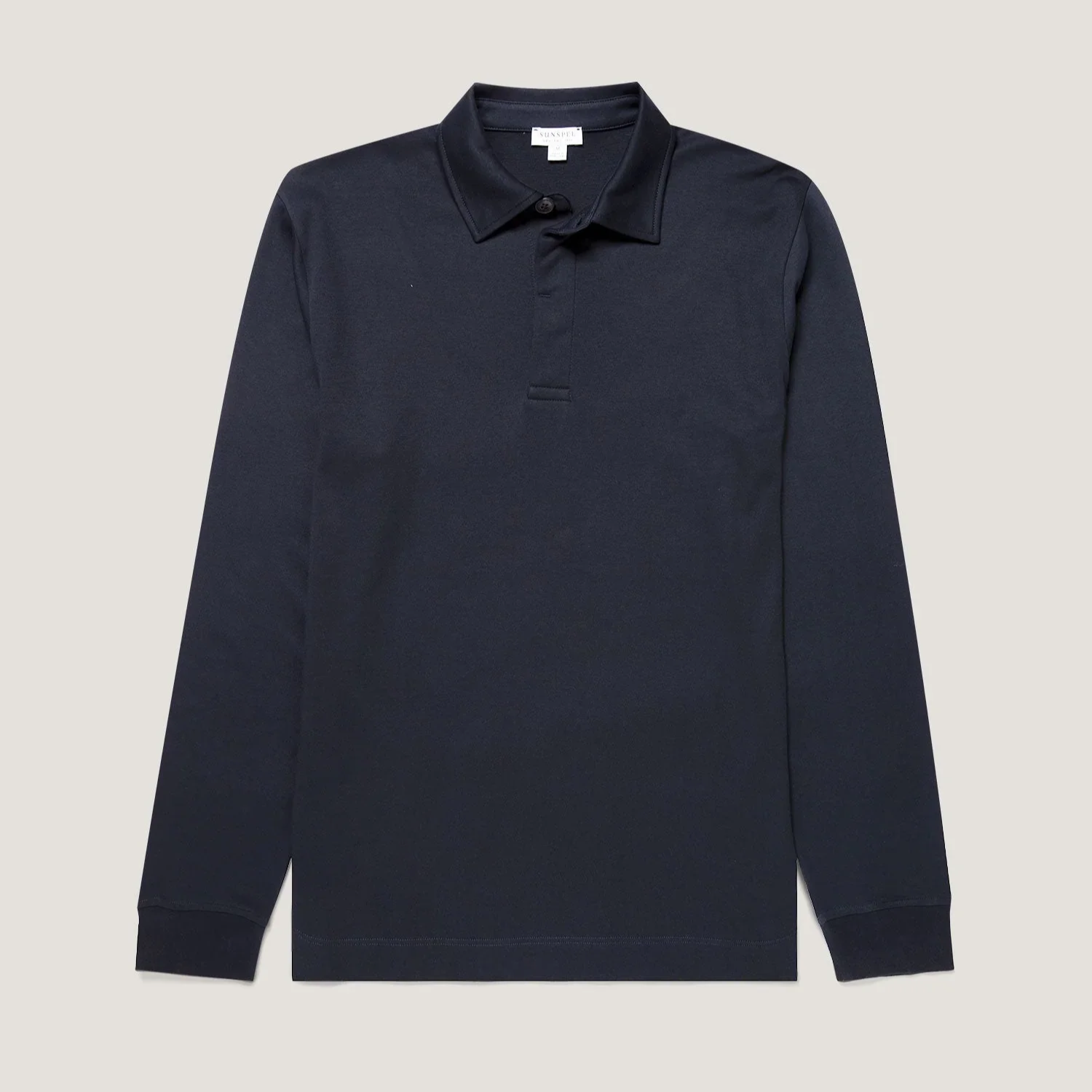 Flat View of Sunspel Luxury Heavyweight Long Sleeve Rugby Polo in Midnight Navy