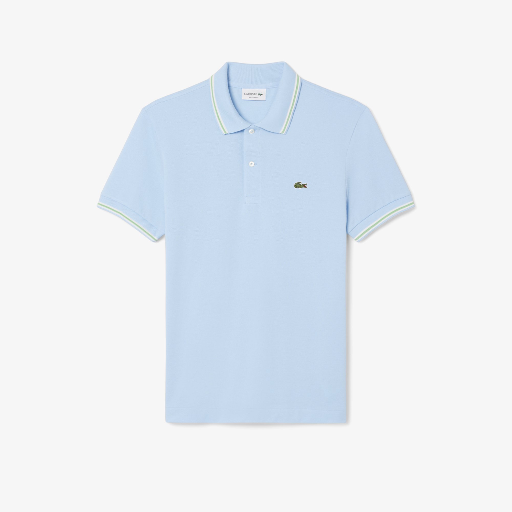 Flat View of Lacoste Collar Tip Polo in Light Blue and White