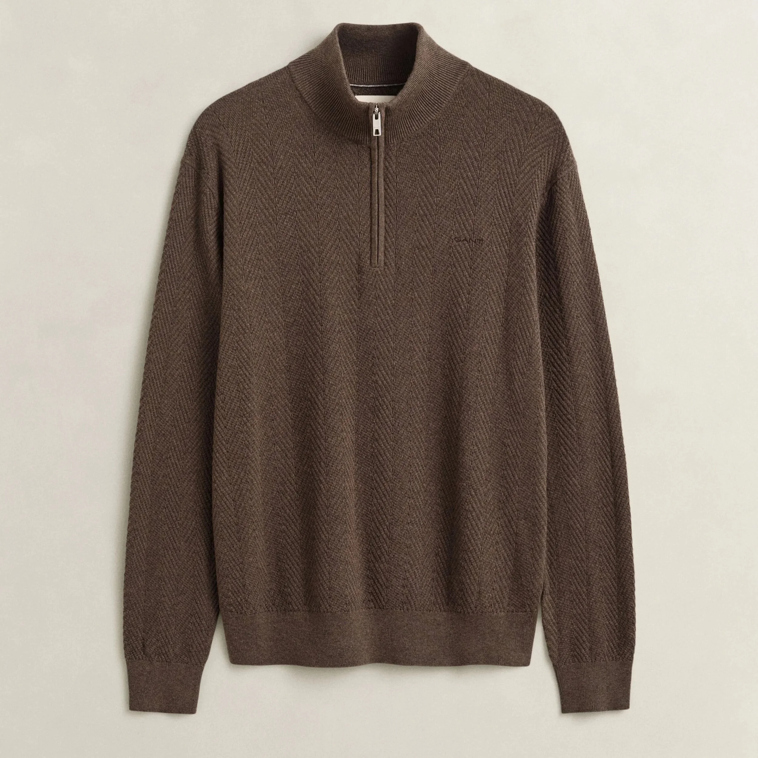 Flat View of GANT Herringbone Texture Half Zip in Brown Melange