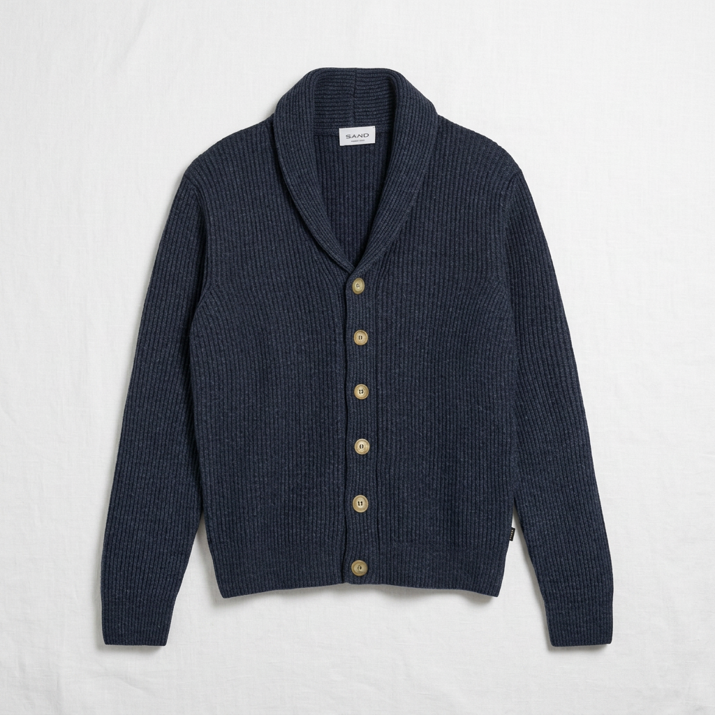 Flat View of SAND Copenhagen Luxury Shawl Collar Cardigan in Royal Blue