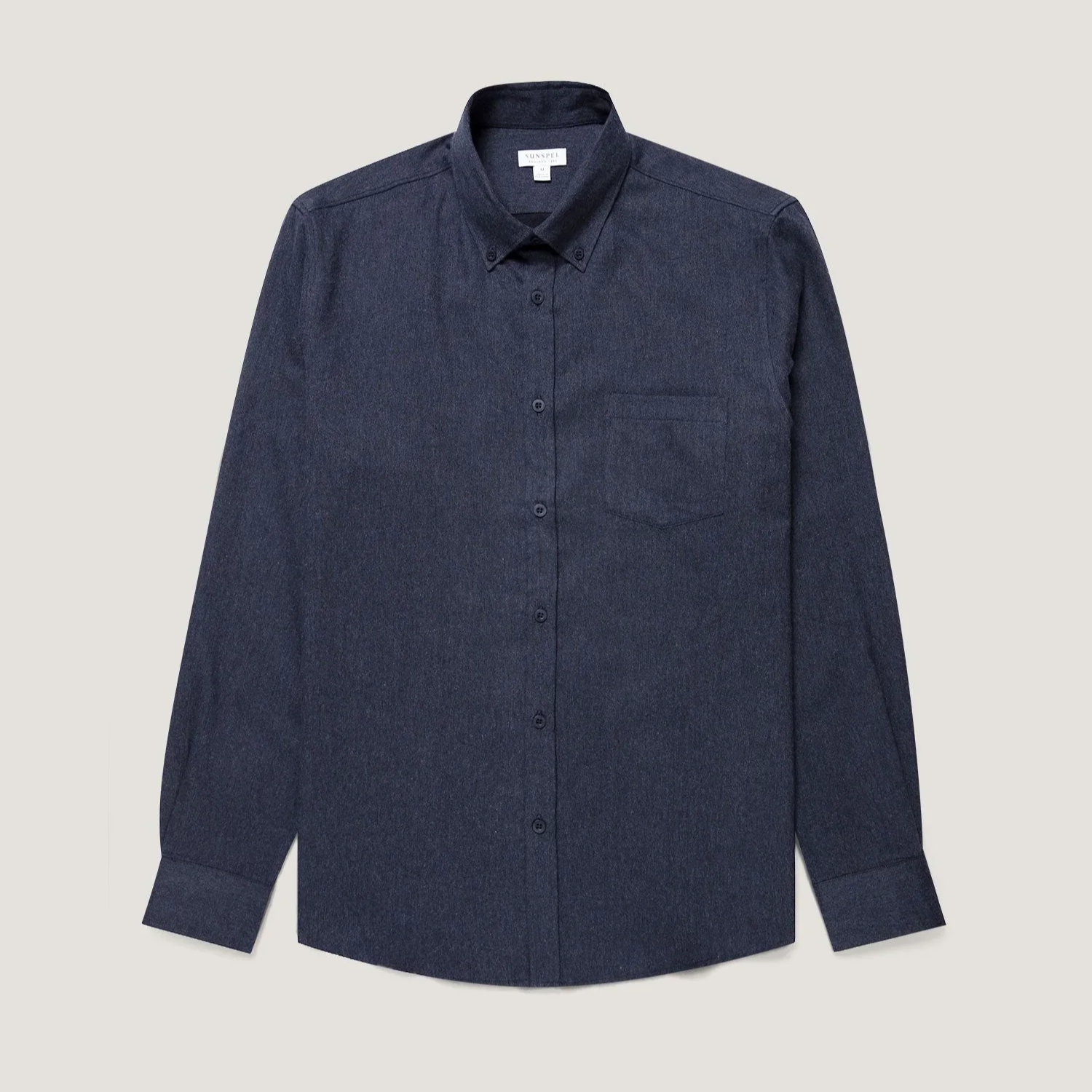 Flat View of Sunspel Luxury Brushed Cotton Flannel Shirt in Navy Melange