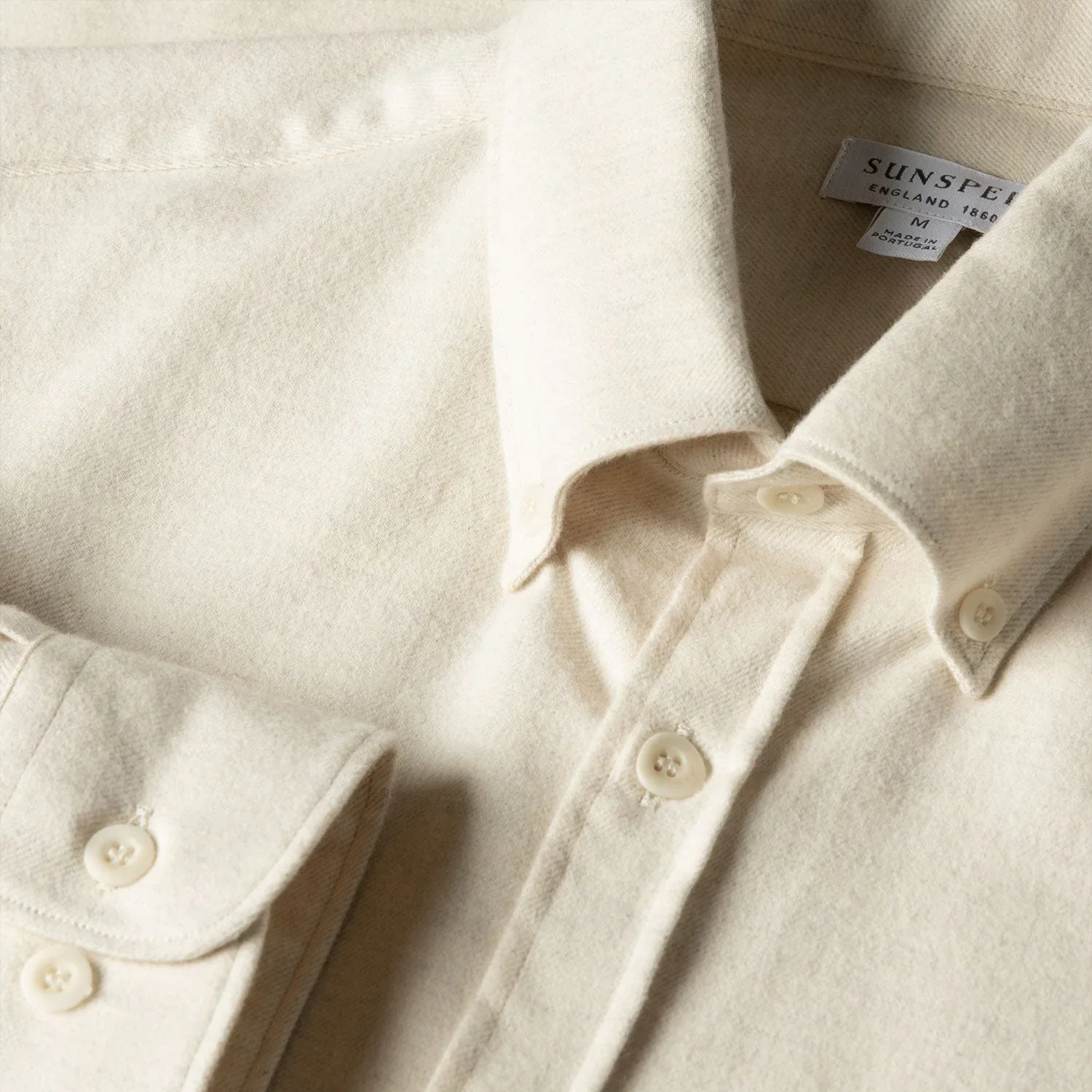 Close View of Sunspel Luxury Brushed Cotton Flannel Shirt in Ecru Melange