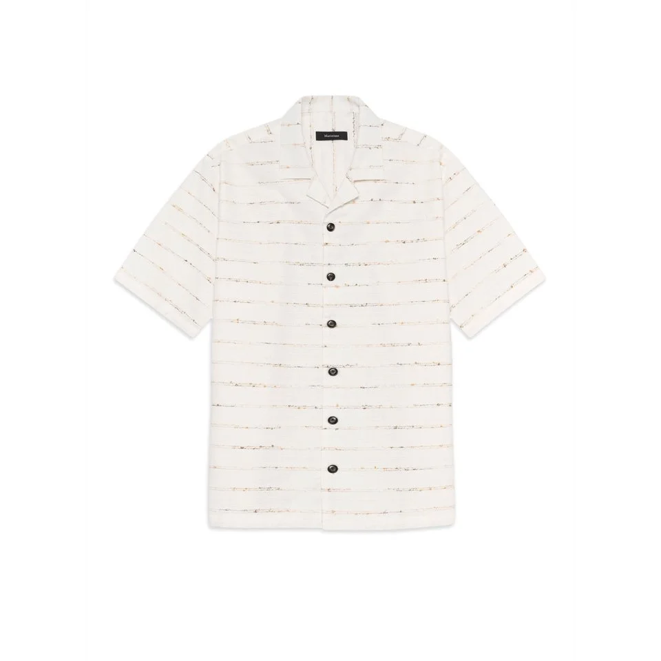 Flat View of Matinique Stripe Cotton and Viscose Short Sleeve Shirt in White and Sand
