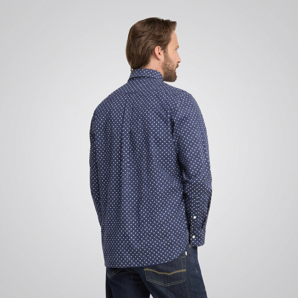 Back View of Model in Eden Park Floral Cotton Shirt in Blue and White