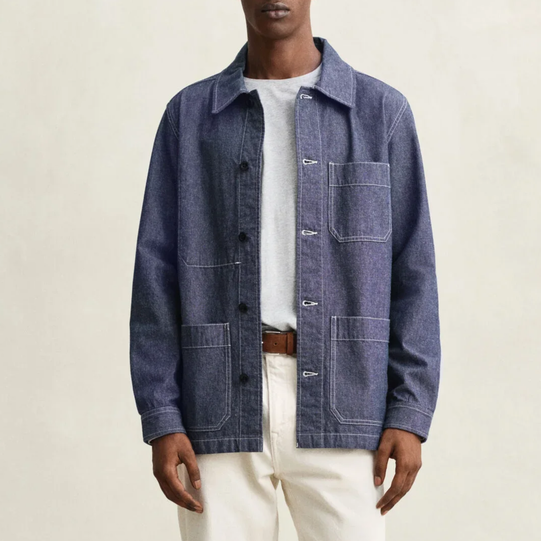 Model View of GANT Cotton Chambray Overshirt in Denim Blue