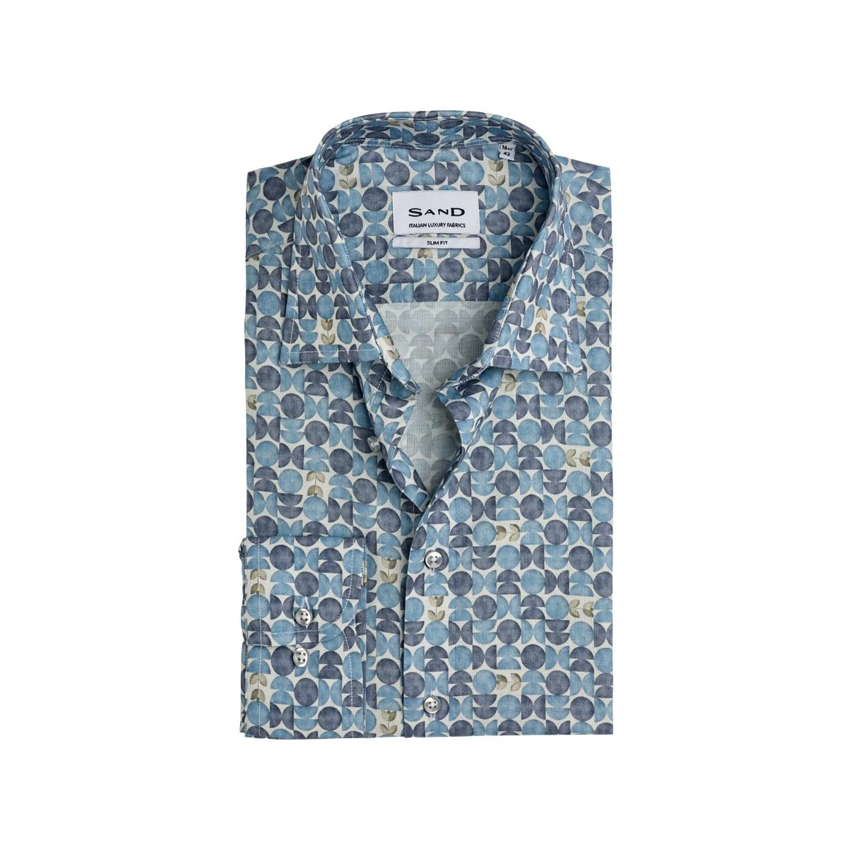 Flat View of SAND Copenhagen Luxury Slim Fit Graphic Print Shirt in Light Blue and Navy