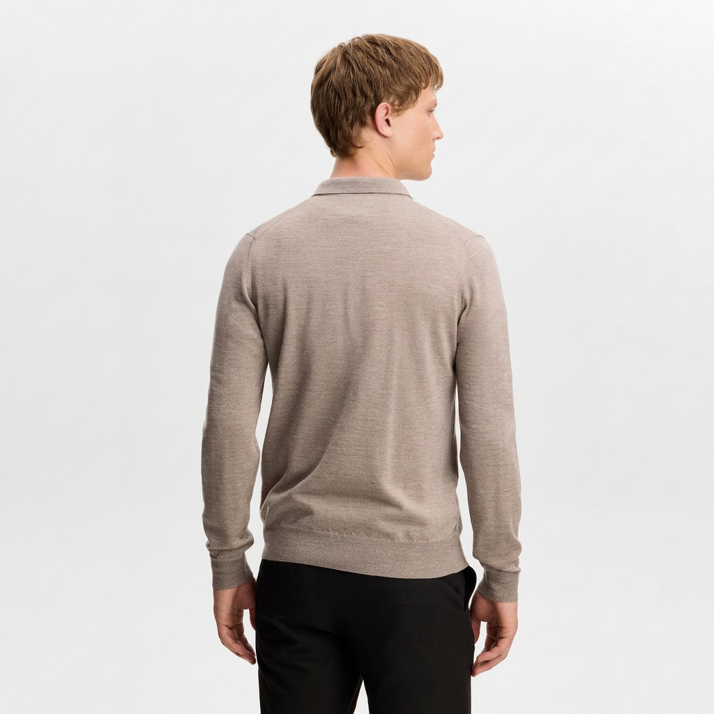 Back View of Model in J Lindeberg Kai Merino Wool Knitted Polo in Sand