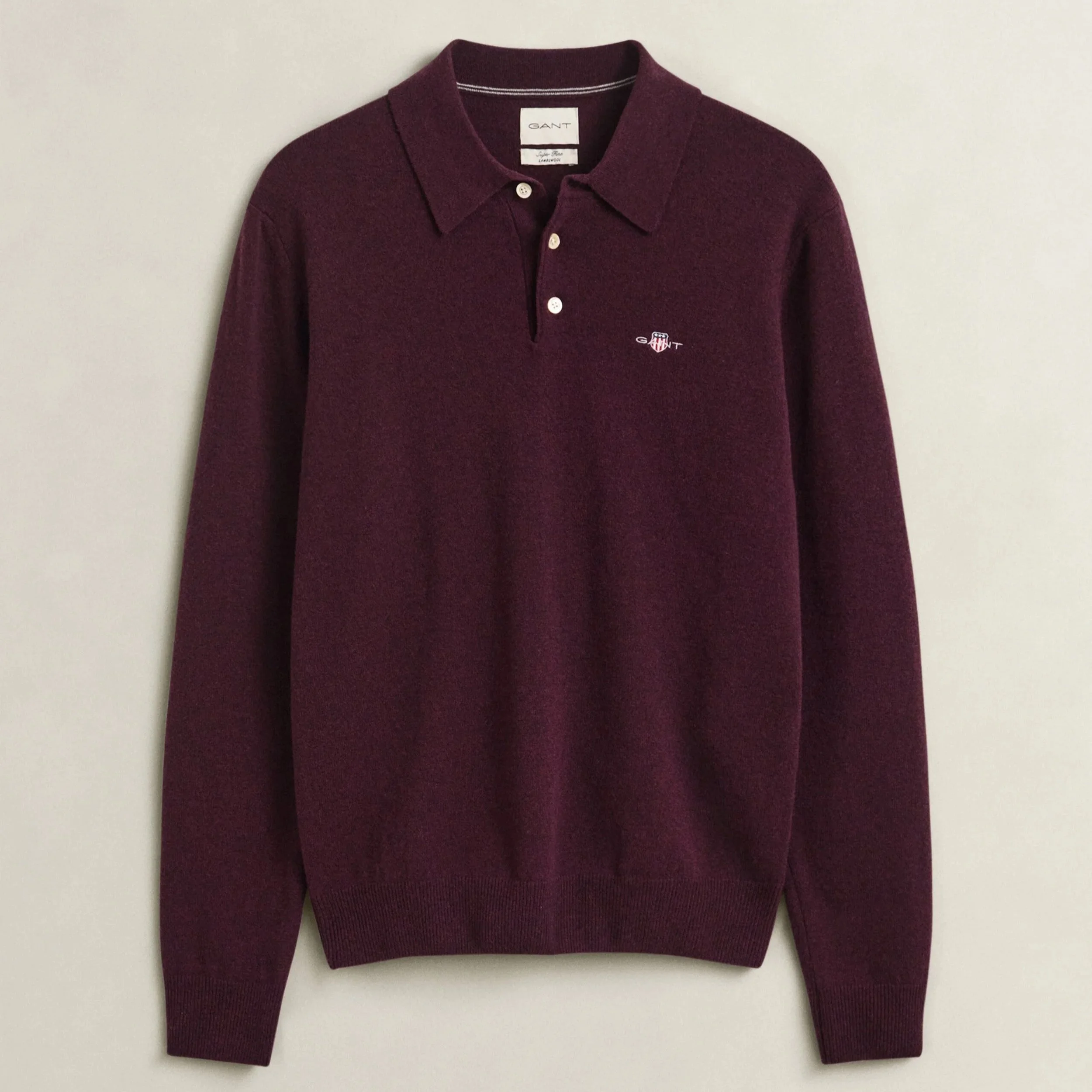 Flat View of GANT Superfine Lambswool Polo in Darkened Wine Burgundy