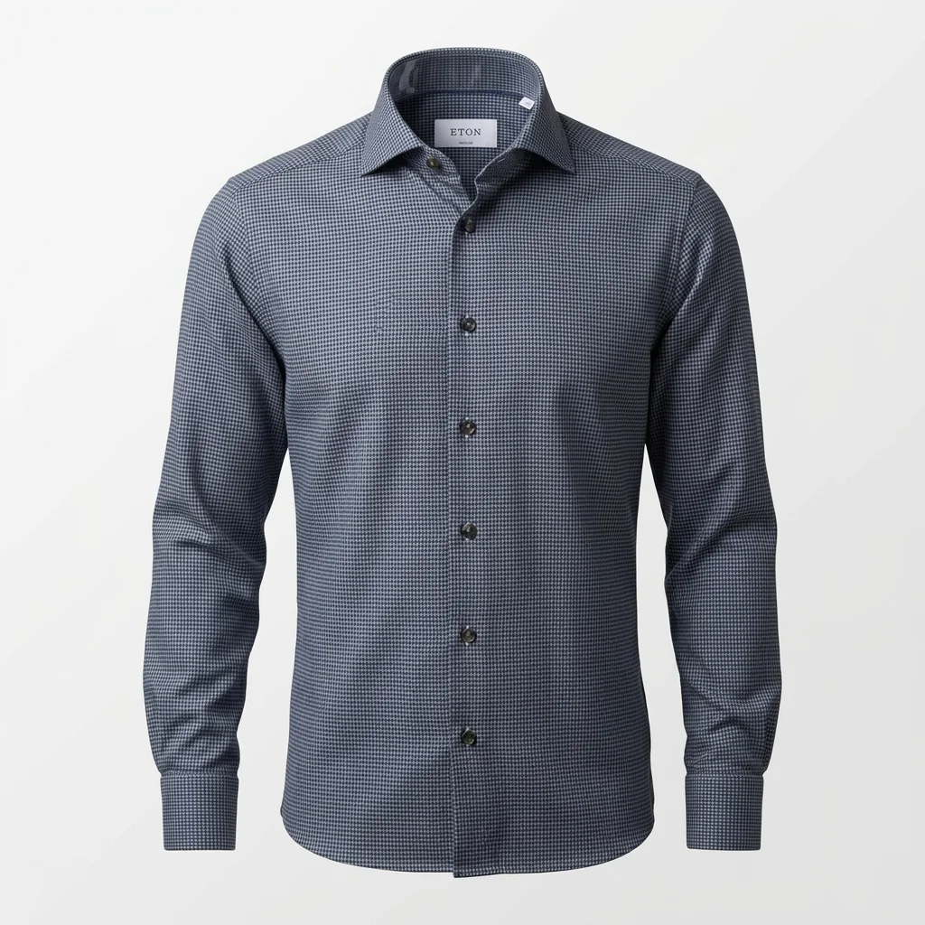 Flat View of Eton Luxury Casual Fit Houndstooth Check Flannel Shirt in Navy and Blue