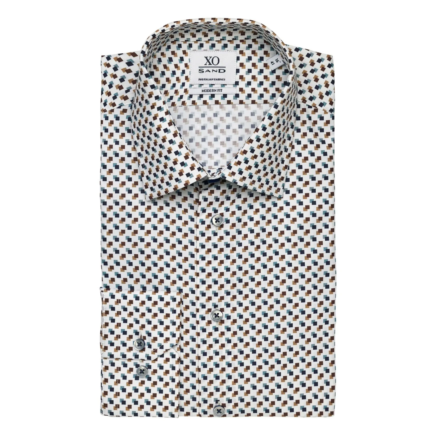 Flat View of SAND Copenhagen Graphic Print Shirt in White Blue and Brown