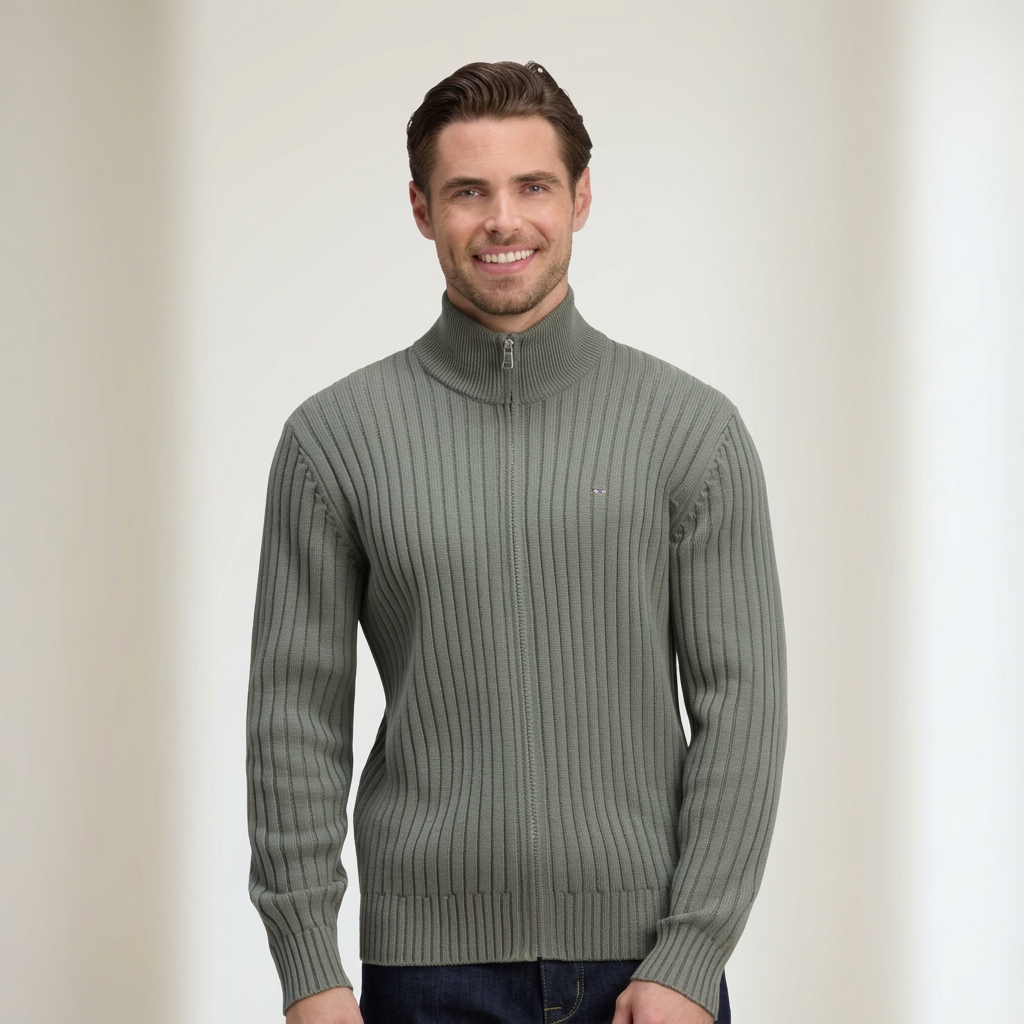 Front Model View in Eden Park Zip Cardigan in Khaki Green