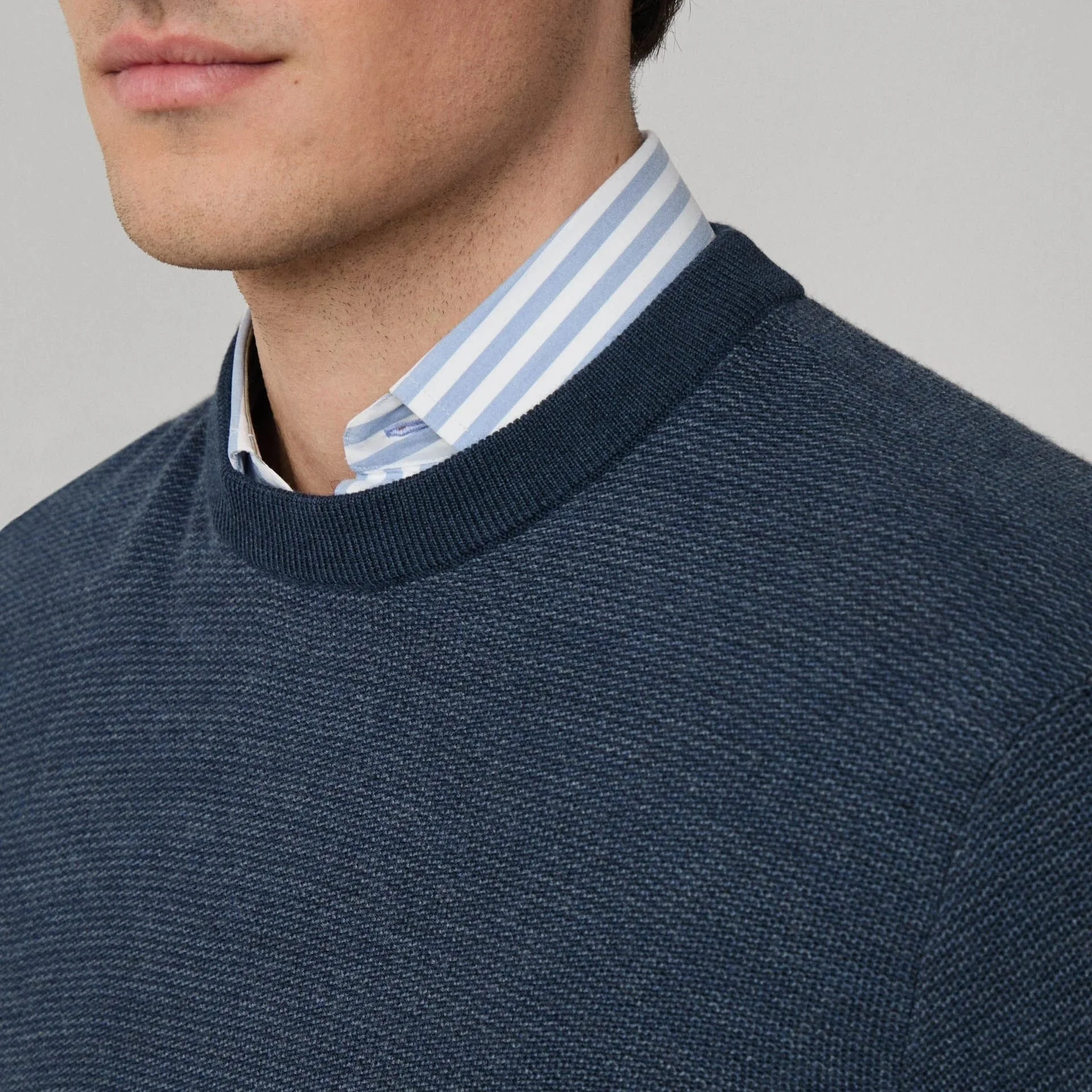 Close Model View of Hackett Wool Honeycomb Stitch Jumper in Denim Blue