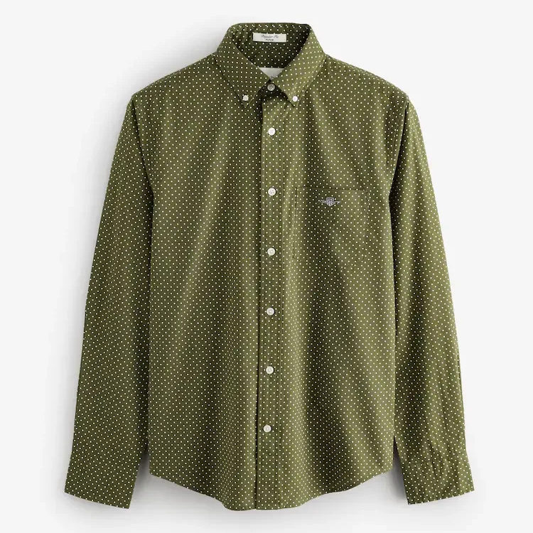 Flat View of GANT Poplin Micro Pattern Shirt in Olive Green