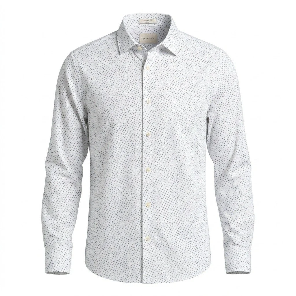Flat View of GANT Micro Pattern Poplin Shirt in White and Navy