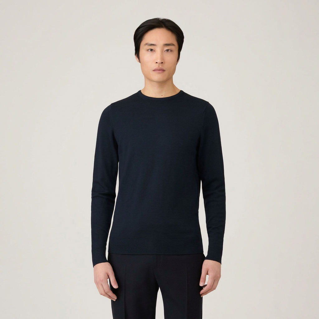 Front View of Model in Sunspel Merino Wool Crew Neck Jumper in Navy