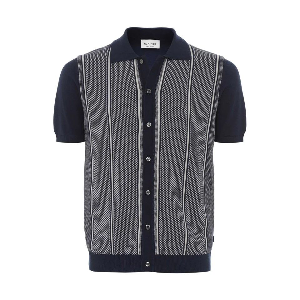 Flat View of SAND Copenhagen Luxury Stripe Knitted Button Through Polo in Navy and White